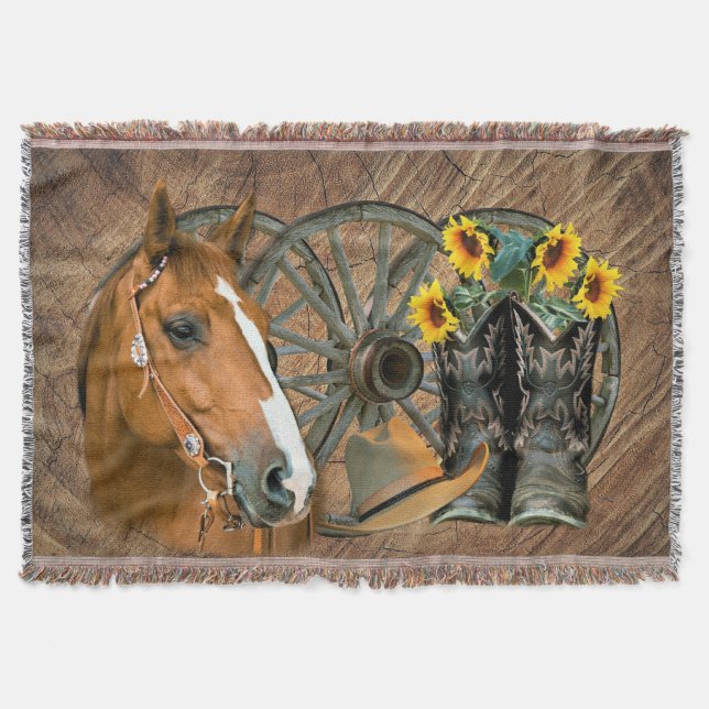 Horse Cowboy Boots Wagon Wheel Sunflowers Western Throw Blanket (Front)