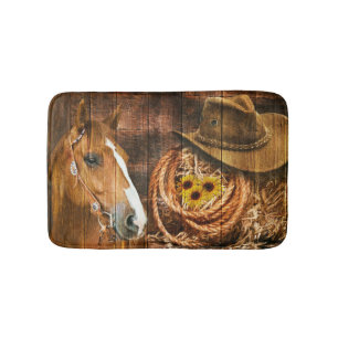 Horse Cowboy Hat Lasso Sunflower Rustic Barn Board Bath Mat