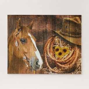Horse Cowboy Hat Lasso Sunflower Rustic Barn Board Jigsaw Puzzle
