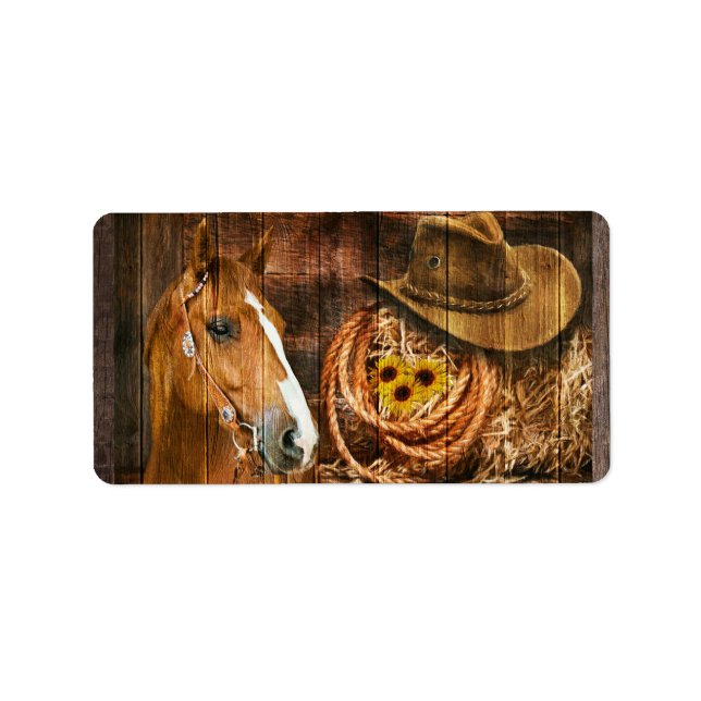Horse Cowboy Hat Lasso Sunflower Rustic Barn Board Label (Front)