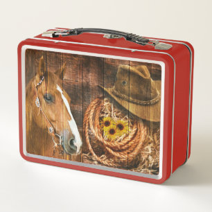 Horse Cowboy Hat Lasso Sunflower Rustic Barn Board Metal Lunch Box