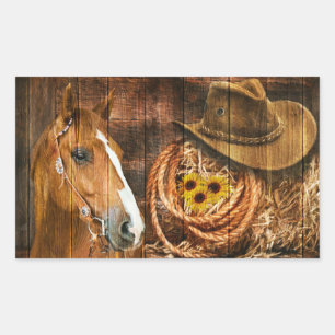 Horse Cowboy Hat Lasso Sunflower Rustic Barn Board Sticker