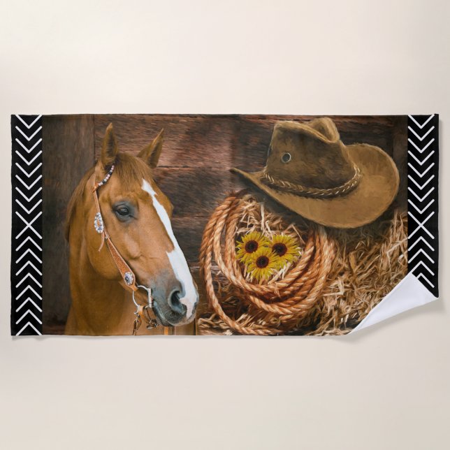 Horse Cowboy Hat Lasso Western Pattern Beach Towel (Front)