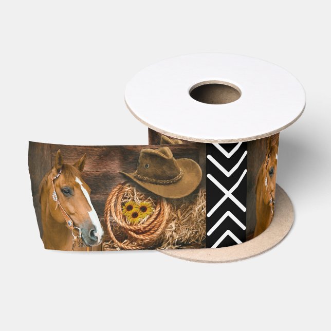 Horse Cowboy Hat Lasso Western Pattern Ribbon Satin Ribbon (Spool)