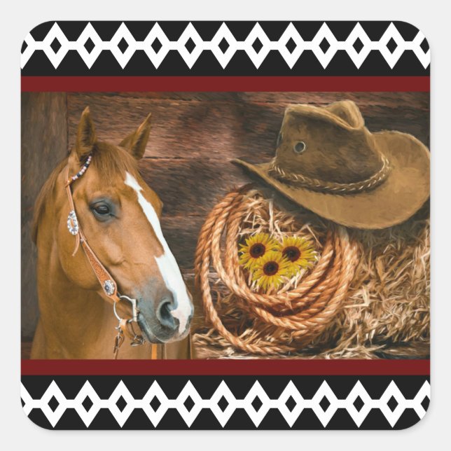 Horse Cowboy Hat Lasso Western Pattern Square Sticker (Front)