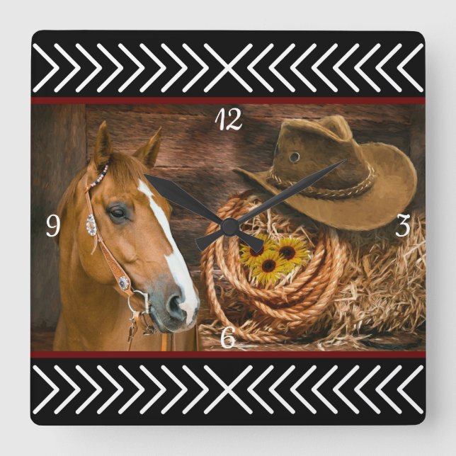 Horse Cowboy Hat Lasso Western Pattern Square Wall Clock (Front)