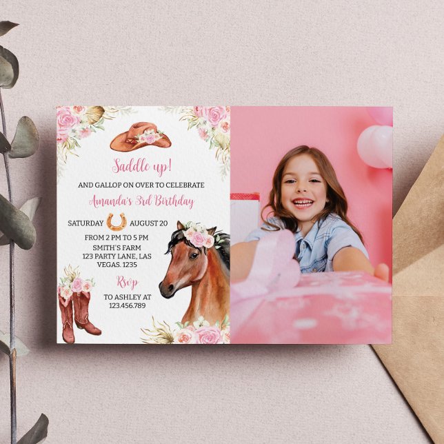Horse Cowgirl Anniversaire Photo Invitation (Créateur téléchargé)