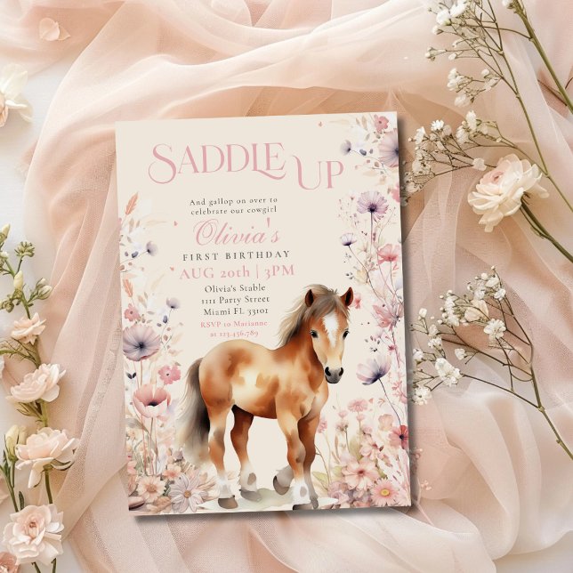 Horse Cowgirl Equestrian Wildflowers Pink Birthday Invitation (Creator Uploaded)