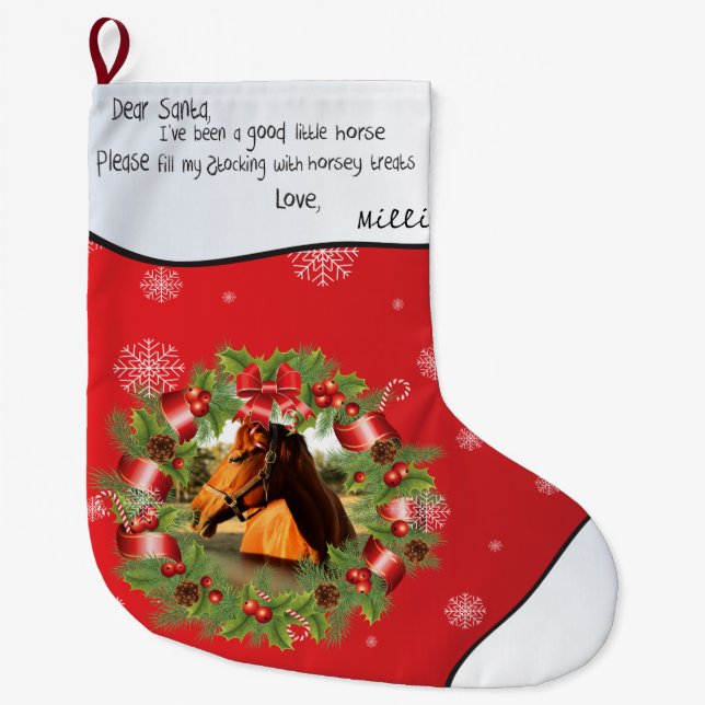 Horse Dear Santa YOUR PHOTO c Name Round Frame Red Large Christmas Stocking (Front)
