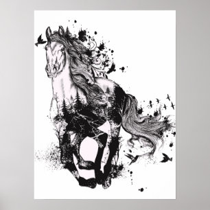 Horse Drawing and Nature Abstract Art Poster
