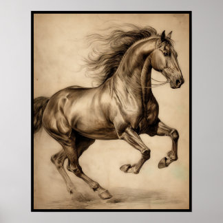 Horse drawing, charcoal pencil poster