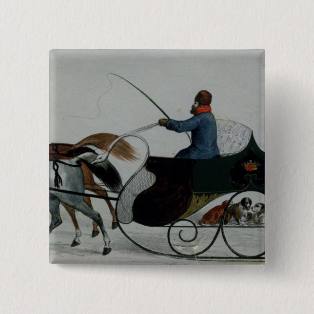 Horse Drawn Sleigh 2 Inch Square Button (Front)