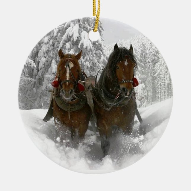 horse drawn sleigh christmas ceramic ornament (Front)