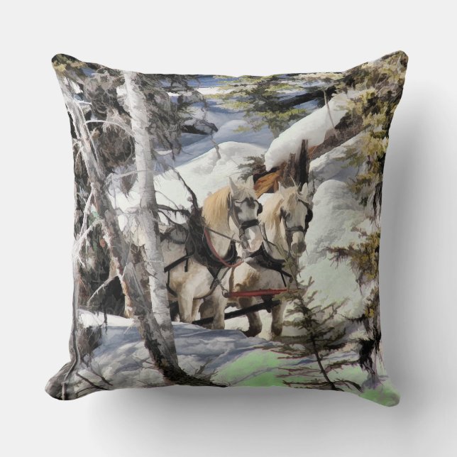 Horse Drawn Wintery Sleigh Ride Throw Pillow (Front)