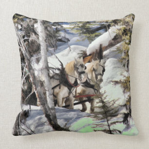 Horse Drawn Wintery Sleigh Ride Throw Pillow