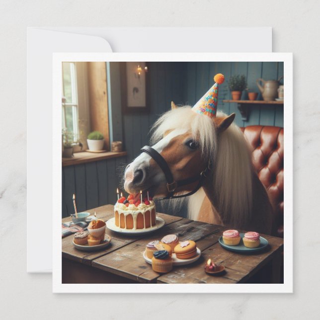 Horse eating cake birthday invitation, Horse lover Invitation (Front)