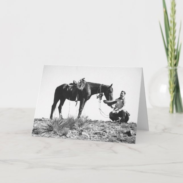 Horse eating from a cowboy's hat. card (Front)