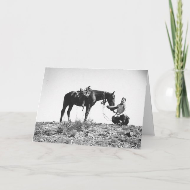 Horse eating from a cowboy's hat card (Front)