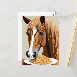 horse eating spaghetti postcard