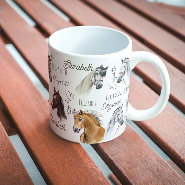 Horse equestrian gifts for girls personalized name coffee mug (Horse gifts for girls personalized name beautiful horse portraits collage coffee mug)