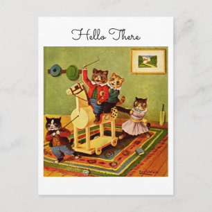 Horse Escapade Hello There From a Cat Cavalry Postcard