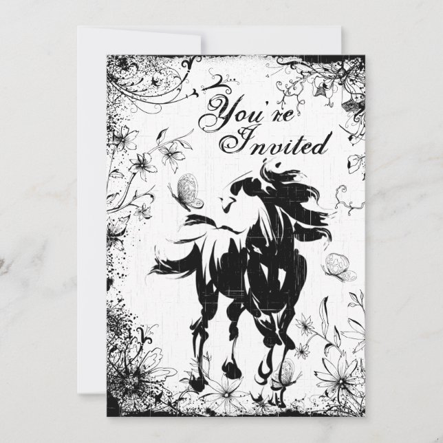 Horse, Flowers and Butterflies Birthday Invitation (Front)