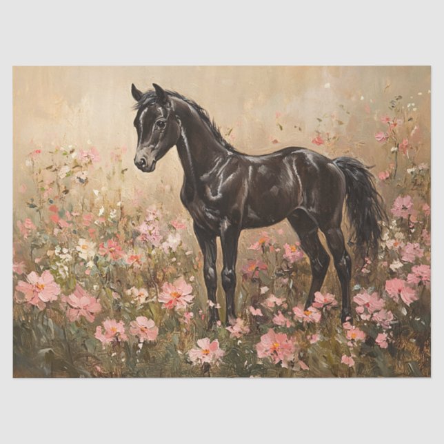 Horse Foal with Blush Pink Flowers Decoupage Tissue Paper (Front)