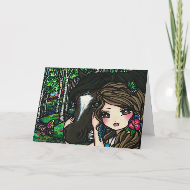 Horse Forest Butterfly Flower Fantasy Fairy Girl Card (Front)