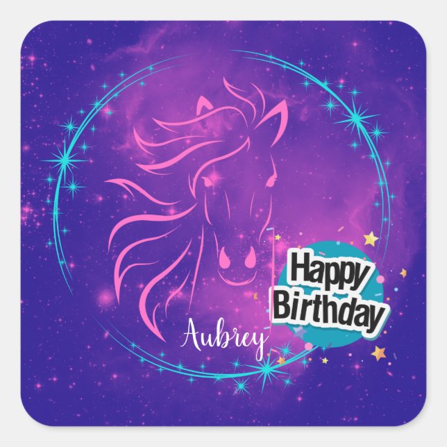 Horse Galaxy Happy Birthday Personalized  Square Sticker (Front)