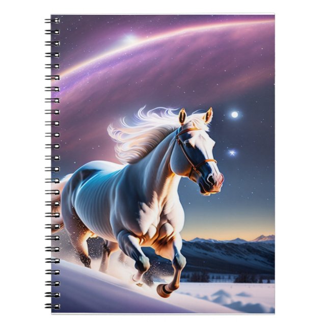 Horse Galloping in Snowy Fields Under Starry Skies Notebook (Front)