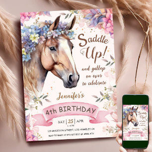 Horse Girl 4th Birthday Pink Flowers Saddle Up Invitation
