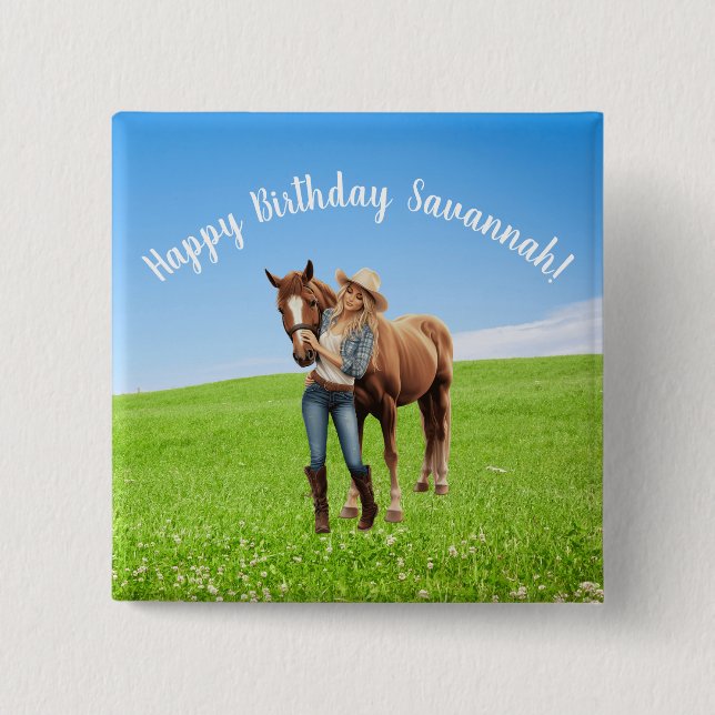 Horse Girl Birthday Celebration Special Message  2 Inch Square Button (Front)