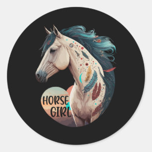 Horse Girl Bohemian Equestrian Portrait Horseback Classic Round Sticker