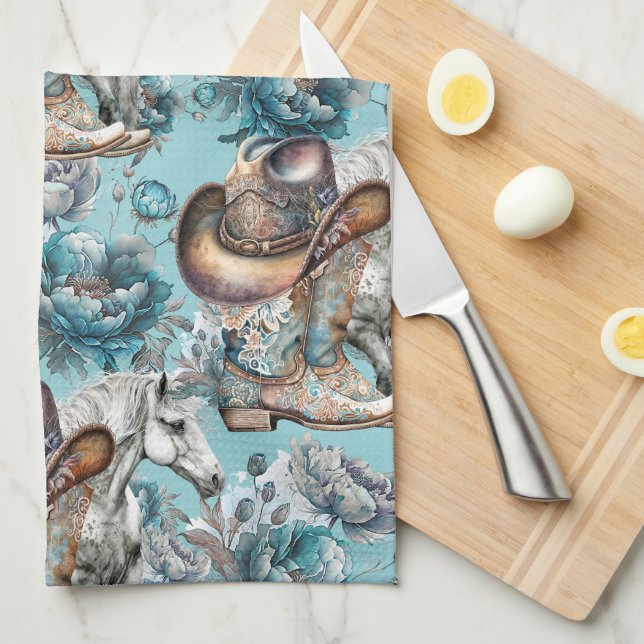 Horse girl cowgirl pattern turquoise floral kitchen towel (Quarter Fold)