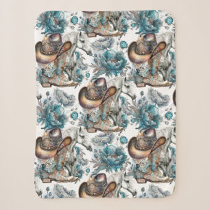 Horse girl cowgirl pattern turquoise floral sherpa blanket