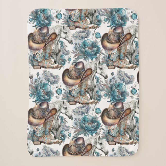 Horse girl cowgirl pattern turquoise floral sherpa blanket (Front)