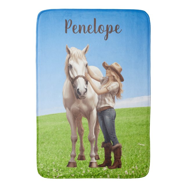 Horse Girl Horseback Riding Meadow Personalized Bath Mat (Front Vertical)