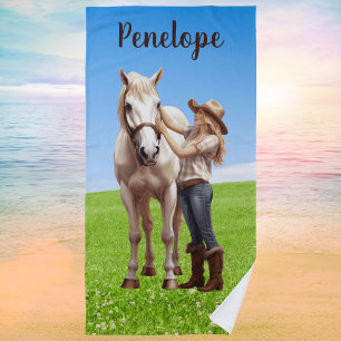 Horse Girl Horseback Riding Meadow Personalized Beach Towel