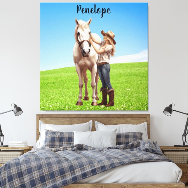 Horse Girl Horseback Riding Meadow Personalized Canvas Print (Insitu(Bedroom))