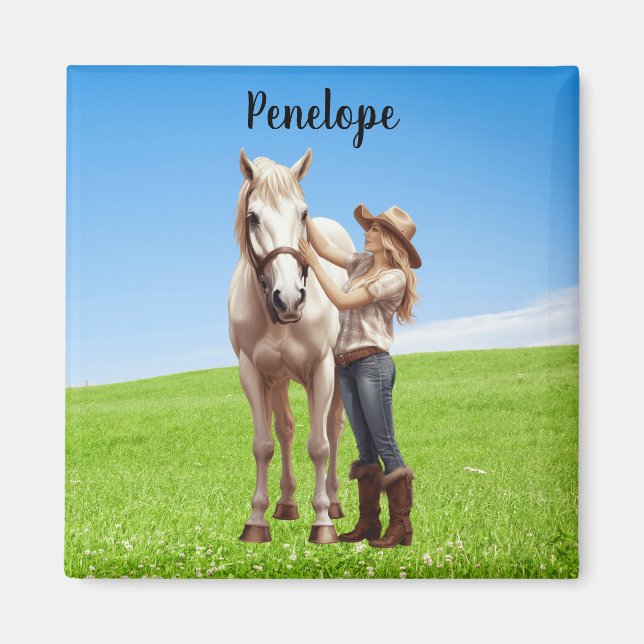 Horse Girl Horseback Riding Meadow Personalized Magnet (Front)