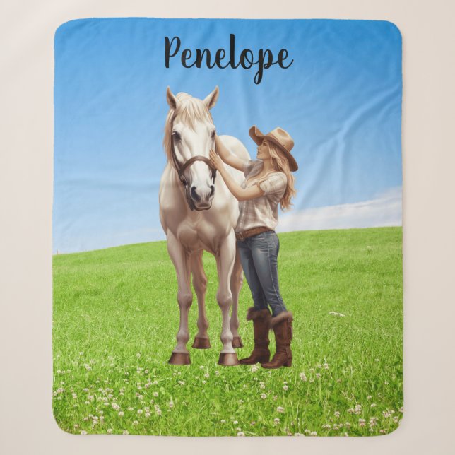Horse Girl Horseback Riding Meadow Personalized Sherpa Blanket (Front)