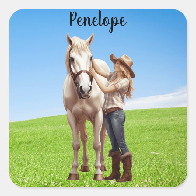 Horse Girl Horseback Riding Meadow Personalized Square Sticker (Front)