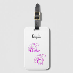 Horse Girl in Purple with Horse Head Font Luggage Tag