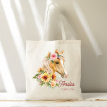 Horse girl Palomino horse with sunflowers custom Tote Bag<br><div class="desc">Beautiful Palomino horse with sunflowers and pink flowers floral girls name bag template. Beautiful watercolor horse portrait,  nice personalized gift for horse loving people.</div>
