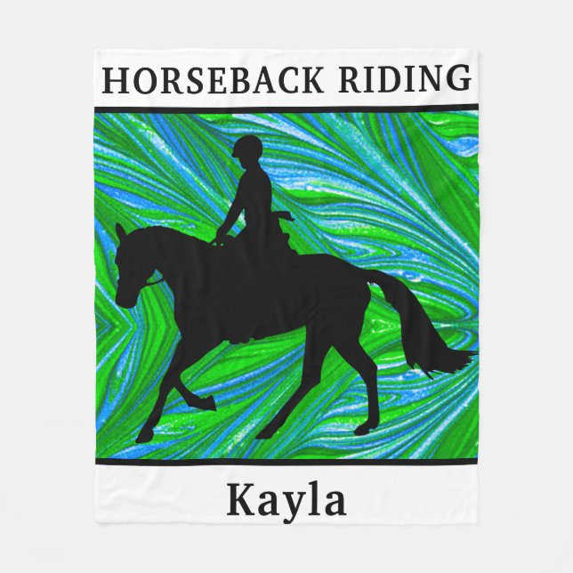 Horse Girl Tropical Blue Green Horseback Riding Fleece Blanket (Front)