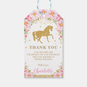 Horse Gold Pink Floral Birthday Favour Thank You Gift Tags