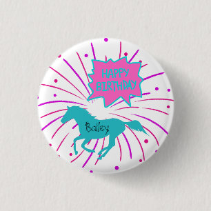 Horse Happy Birthday Pink Purple Turquoise 1 Inch Round Button
