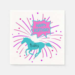 Horse Happy Birthday Pink Purple Turquoise  Napkin