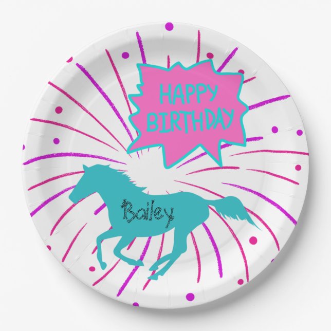 Horse Happy Birthday Pink Purple Turquoise  Paper Plate (Front)