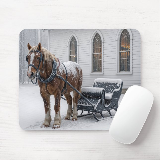 Horse Harnessed to a Sleigh By a Church Mouse Pad (With Mouse)
